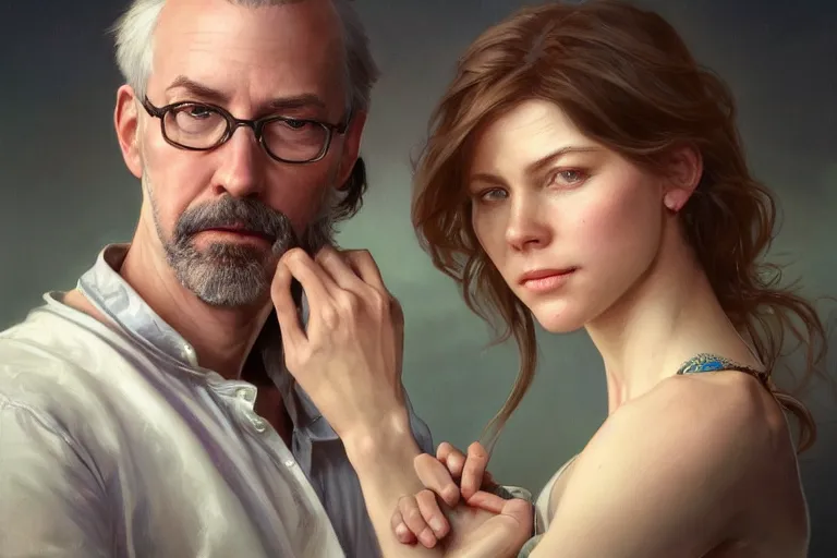 Image similar to portrait painting of scott galloway and kara swisher, ultra realistic, concept art, intricate details, serious, highly detailed, photorealistic, octane render, 8 k, unreal engine. art by artgerm and greg rutkowski and alphonse mucha