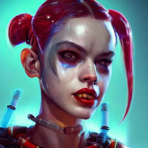 Image similar to lofi cyberounk biopunk portrait of harley quinn, au naturel, hyper detailed, digital art, trending in artstation, cinematic lighting, studio quality, smooth render, unreal engine 5 rendered, octane rendered, art style by klimt and nixeu and ian sprigger and wlop and krenz cushart