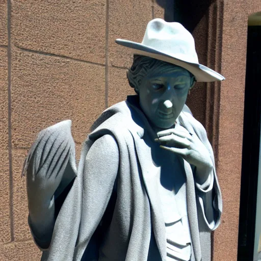 Prompt: a weeping angel statue from doctor who (2005) dressed in a tuxedo and wearing a fedora, hd, 8k, highly detailed