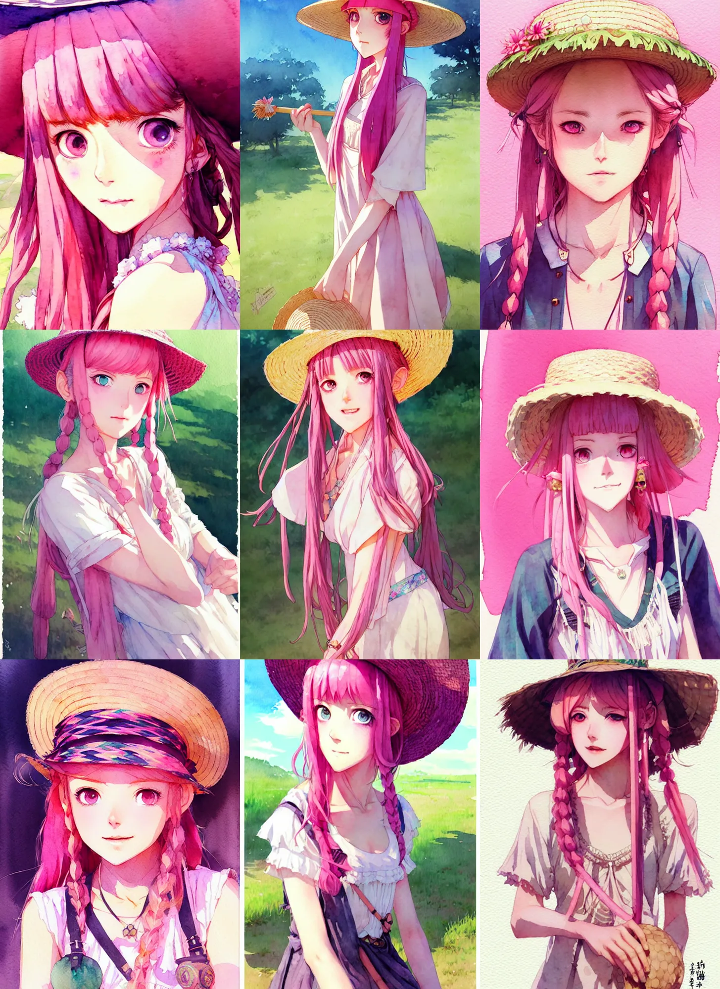 Prompt: portrait of a cute girl with pink hair with straw hat dress in boho style camping, symmetry face, top lighting, cute - fine - face, ( watercolor ), art by hidari and krenz cushart and wenjun lin and starember and takehiko inoue