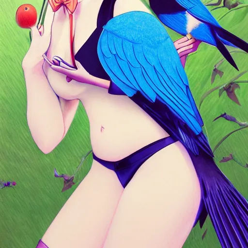 Image similar to colored pencil, anime art, beautiful full body female pinup girl, she is holding an indigo bunting bird, in her hand, the bird is wearing a bowtie, wlop, rossdraws sakimimichan, ilya kuvshinov, krenz cushart, greg rutkowski