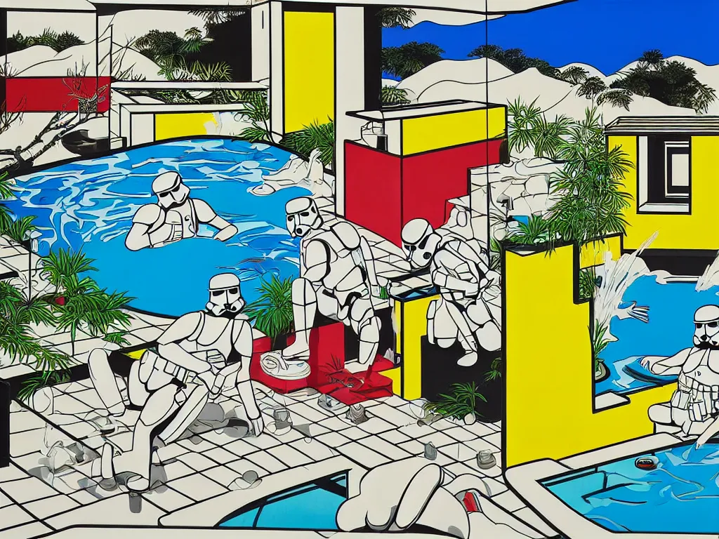 Image similar to hyperrealism composition of the japanese house with a hot springs in the garden, two detailed stormtroopers bathe in a hot spring, pop - art style, jacky tsai style, andy warhol style, roy lichtenstein style, acrylic on canvas