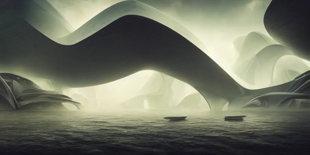 Image similar to river styx hell, by tim blandin and arthur haas and bruce pennington and john schoenherr, big windows architecture by zaha hadid, octane render, warm colour scheme, white, cinematic, scenery, cgsociety, modernism, futuristic, trending on artstation, sci - fi, high detail, high quality, close up angle