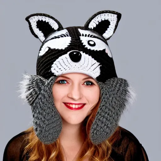 Image similar to a crocheted raccoon hat, very detailed animal hat, cute details, product photo, promotional image, sharp focus, studio lighting