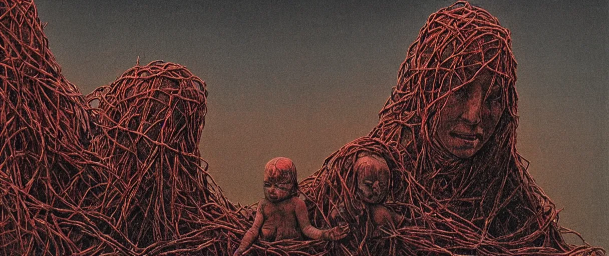 Prompt: mother and child, wrapped in thorns and wire, in a desolate, charred desert, high contrast, dark red, HDR, painted by zdzislaw beksinski