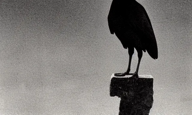 Image similar to raven standing on tombstone, midnight colors, photograph taken by giger and beksinski and death fog and decaying megacity