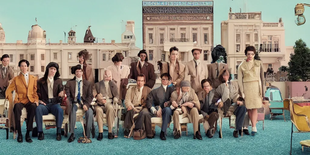 Prompt: beautiful still image from the set of the new Wes Anderson film, cinematic, wideangle