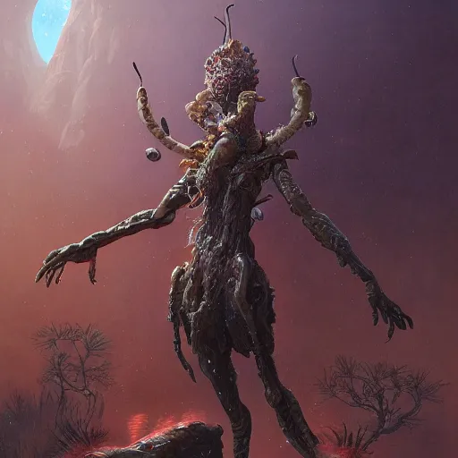 Prompt: A painting of an anthropomorphic an ornate ant queen standing on her hind legs, stars in the background, formian pathfinder, digital art 4k, Wayne Barlowe Greg Rutkowski