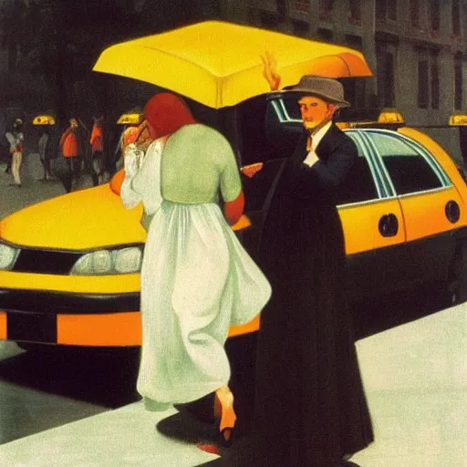 Image similar to a woman hails a taxi by Raphael, Hopper, and Rene Magritte. detailed, romantic, enchanting, trending on artstation.
