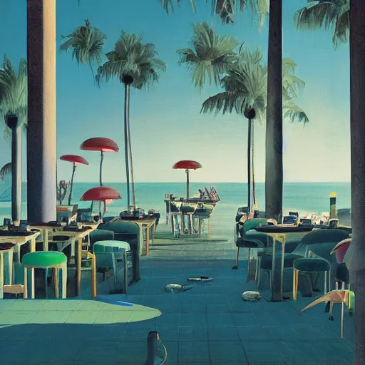 Prompt: inside restaurant at the beach with palm trees by simon stalenhag