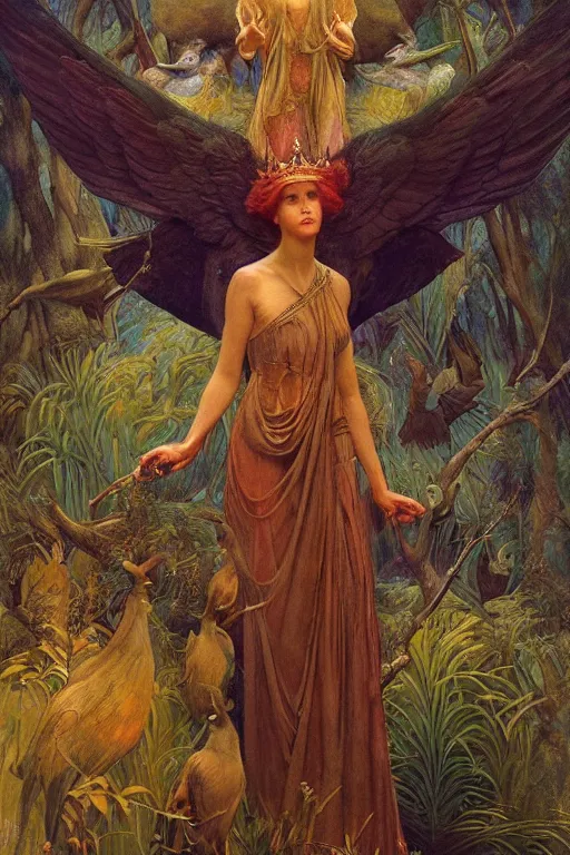 Image similar to the queen of the forest with her birds, by Annie Swynnerton and jean delville and Nicholas Roerich and Tino Rodriguez, elaborately costumed, rich color, dramatic cinematic lighting, smooth, sharp focus, extremely detailed, featured on artstation