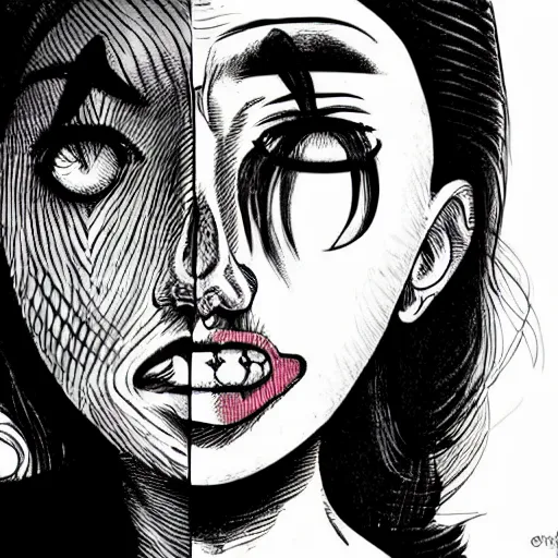 Prompt: a woman with two faces. junji ito style art