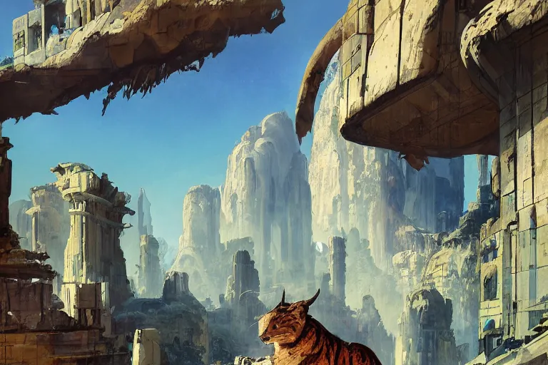 Image similar to an architectural painting of stray wild animals roaming among the ruins of an archaic city of ancient persia looming above a canyon by syd mead and frank frazetta and james gilleard in the style of hugh ferriss, ancient persian architrcture by hugh ferriss and peter mohrbacher