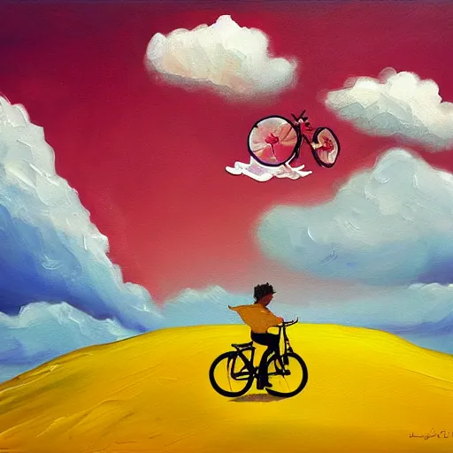 Image similar to A whimsical painting of a happy man flying in the sky on his bicycle in the clouds, expressive oil painting, digital art
