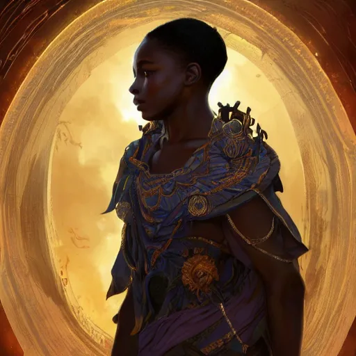 Prompt: an african celestial prince (black boy toddler), kemetic, D&D, fantasy, intricate, elegant, highly detailed, digital painting, artstation, concept art, matte, sharp focus, illustration, art by Artgerm and Greg Rutkowski and Alphonse Mucha