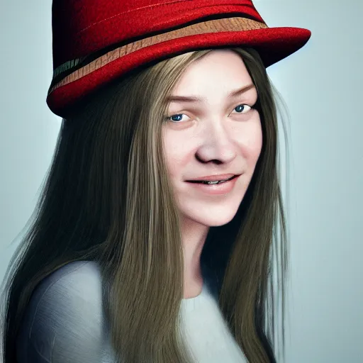 Prompt: a portrait of a beautiful smiling woman by daniel jackson, long hair, aged 2 5, swedish, wearing a travel hat, photo realistic, real life, photograph, 3 5 mm, octane render, trending on artstation