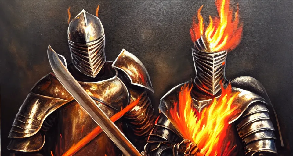 Image similar to An oil painting of a knight in dark metal armor wielding a flaming sword