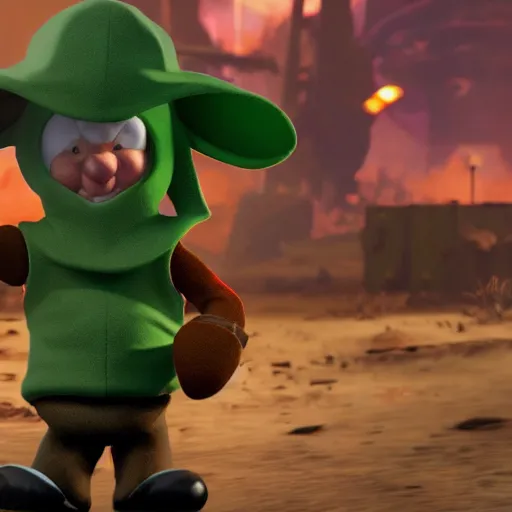 Image similar to Elmer Fudd from Loony Tunes in Doom, wearing green armor and helmet, killing demons, rip and tear, video game