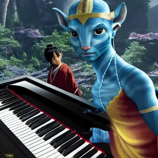 Image similar to Avatar the last airbender playing the piano, UHD, hyperrealistic render, 4k, highly detailed