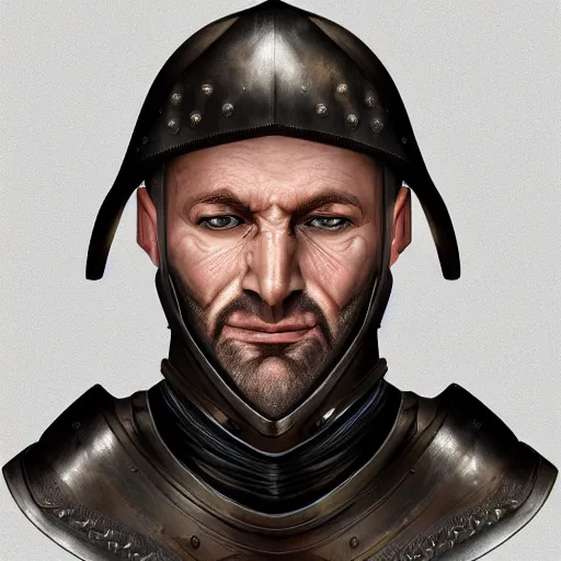 Image similar to head portrait, full faced, 45 years old men, strict, militaristic, medieval light armor, high detail, digital art, medieval fantasy