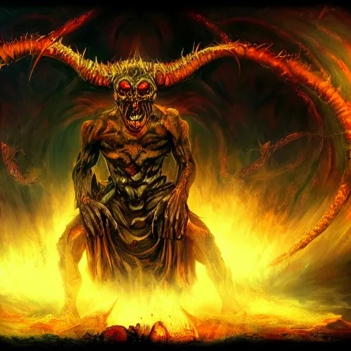Prompt: wide-angle camera shot of a menacing demonic figure wrapped in spiraling hellfire and brimstone, metal album cover, demon staring into the camera, detailed digital art trending on artstation.