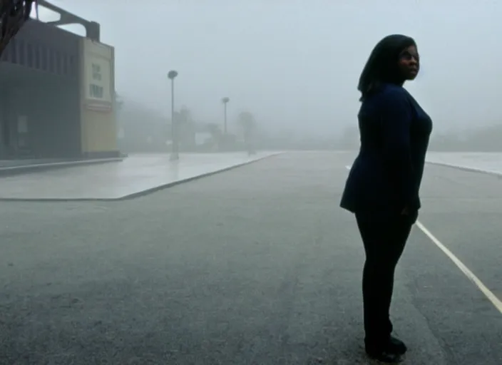 Prompt: cinematic screenshot wide shot of octavia spencer in a foggy abandoned sears parking lot, paranoia everywhere, screenshot from the tense thriller film ( 2 0 0 1 ) directed by spike jonze, volumetric hazy lighting, moody cinematography, 3 5 mm kodak color stock, 2 4 mm lens, ecktochrome