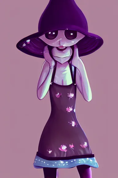 Image similar to a little girl wearing a mushroom hat in dress sitting | | purple curvy hair, pretty face, fine details, digial art by lois van baarle and rhads, anatomically correct, perfect composition, symmetrical, fantastic, clean details, anime character, extremely detailed