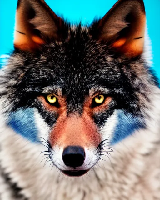 Image similar to black pink green blue fox - wolf, portrait, blue background, 8 k, 8 5 mm f 1. 8