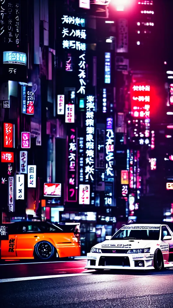 Image similar to a car drift spec BN-sports JZX100 in middle of road, shibuya prefecture, city sunset street lights, cinematic color, photorealistic, highly detailed