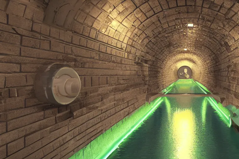 Prompt: Interior design of a sewers tunnel with gym equipment on behind a railing, a water channel runs through the center, underground, the tunnel walls are made of bricks, interlacing paths, brass pipes on the walls, a slight green glow emanates from the water, mysterious lighting, vivid cartoony colors, intricate details, Artstation