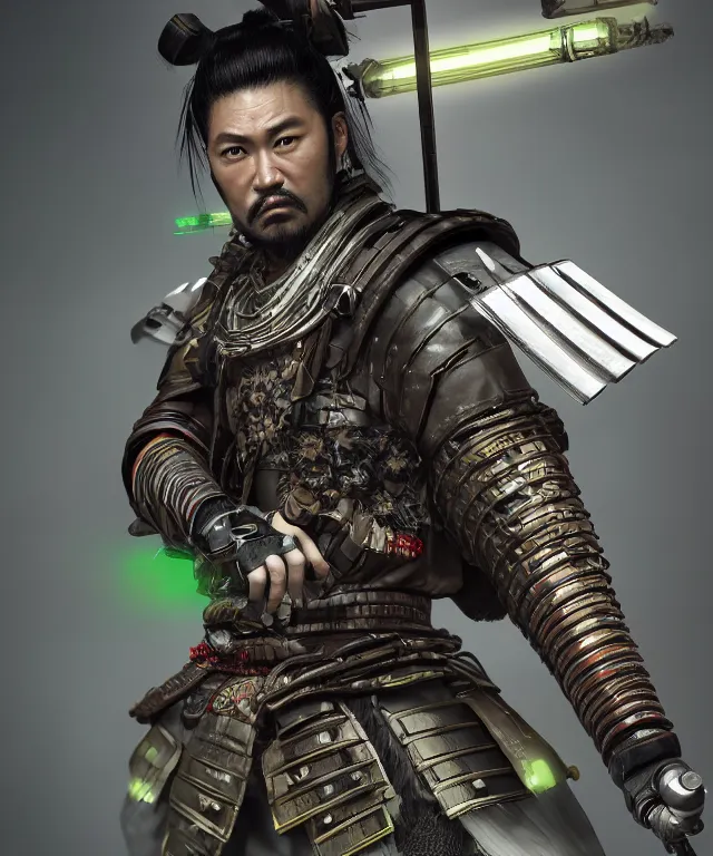 Prompt: an epic fantastic realism comic book style portrait painting of a japanese samurai, male with black hair and a green belt, apex legends, octane render, intricate detail, 4 k hd, unreal engine 5, ex machina, irobot