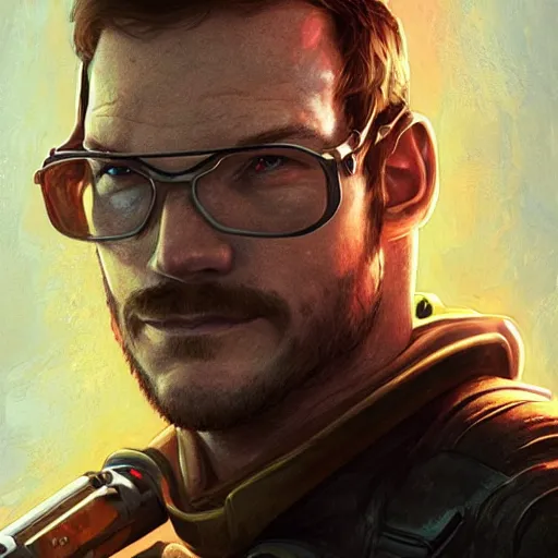 Image similar to chris pratt as the gordon freeman from half life, unreal engine, sci fi, intricate, elegant, highly detailed, digital painting, artstation, concept art, matte, sharp focus, illustration, art by john collier and albert aublet and krenz cushart and artem demura and alphonse mucha