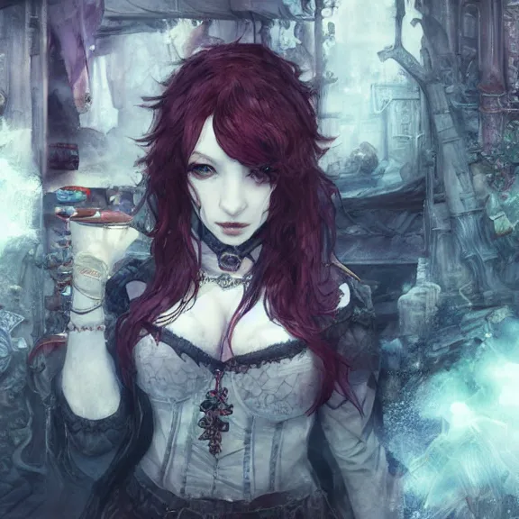 Image similar to christina hendricks!!!!! goth!!!!!, tankoban, 4 k, tone mapping, akihiko yoshida, james jean andrei riabovitchev marc simonetti, yoshitaka amano, long hair, curly, h. hydrochaeri