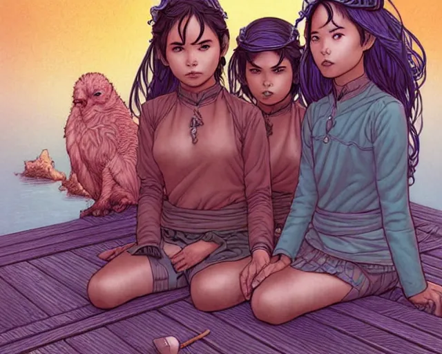 Image similar to fantasy comic cover art of a ( ( trio of village girls ) ) sitting on a dock, detailed faces, illustration by jenny frison and sana takeda and kenichi sonoda, intricate details, stunning inking lines, stunning gradient colors, 4 k, hd, artstation, award winning