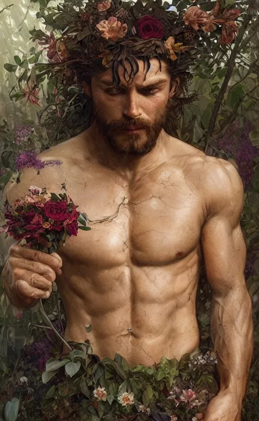 Image similar to god of the forest, 3 0 years old, rugged, male, gorgeous, detailed face, amazing, thighs!!!!!!, flowers, muscular, intricate, highly detailed, digital painting, artstation, concept art, sharp focus, illustration, art by greg rutkowski and alphonse mucha