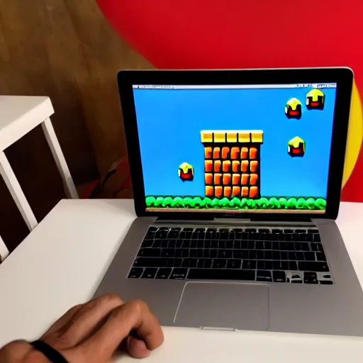 Image similar to photo of super mario working on his macbook, highly detailed, extremely high quality, hd, 4 k, 8 k, professional photographer, 4 0 mp, lifelike, top - rated, award winning, realistic, detailed lighting, detailed shadows, sharp, no blur, edited, corrected, trending