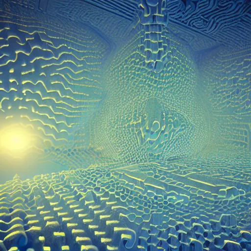 Image similar to highly detailed 3 d rendering in octane and vray of slime mold made of cellular automata according to golden ratio pattern floating in space. beautiful mystical lighting, mist, sigma 2 4 mm