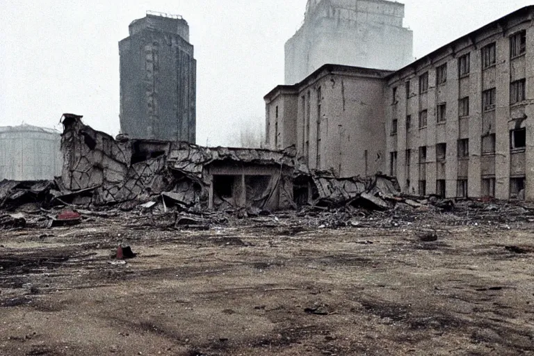 Image similar to flash photograph of soviet destroyed military building, ground zero, Radioactive Contamination, detail, 1985, creepy, dark, haunted, heavy rain, vintage photo