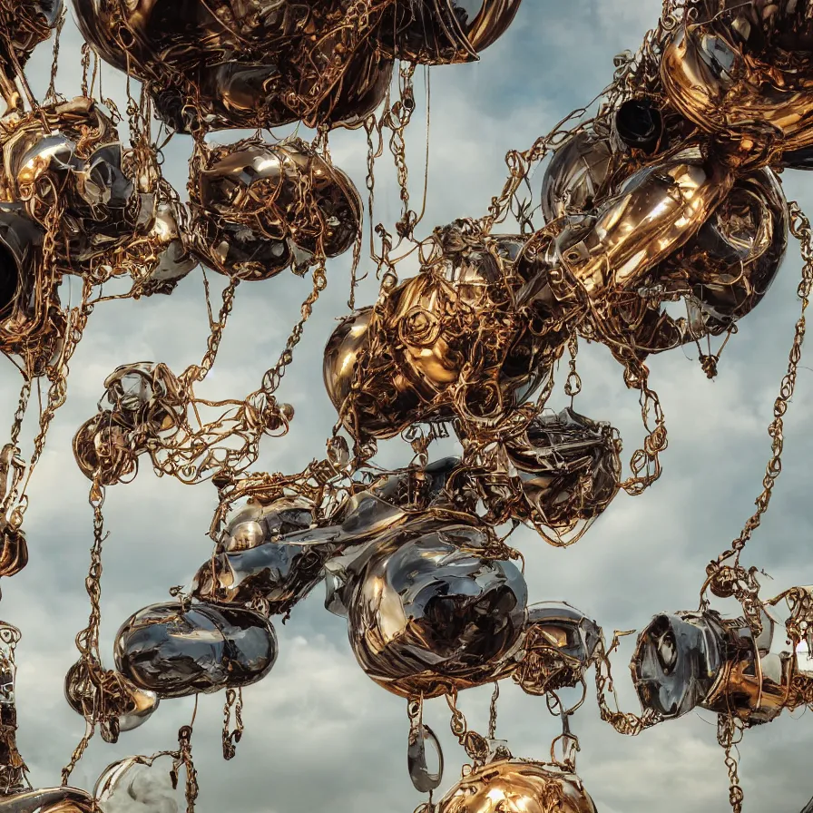 Image similar to beautiful blimps high in the sky, copper chains hanging from the edges, steampunk styled, golden hour, steam clouds, clouds, valves, award winning photography, highly detailed, low poly, extremely wide angle