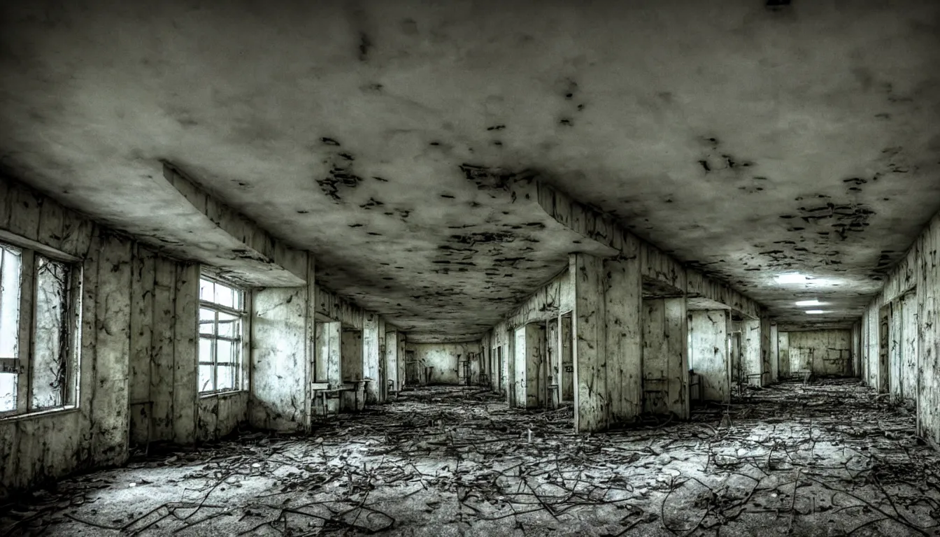 Image similar to hospital in pripyat, dark, atmospheric, scary, claustrophobic, ambient vibe