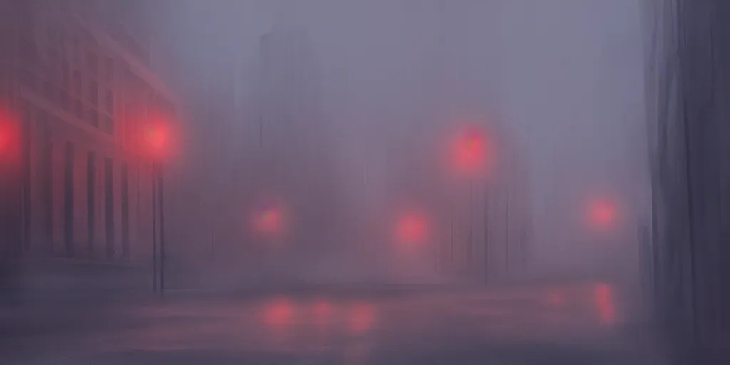 Image similar to city in fog, a bit of red light, mood, concept art