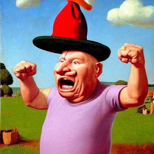 Image similar to a crazy-cooky-old-man yelling and screaming with his fist raised in the air, wearing a funny hat by Raphael, Hopper, and Rene Magritte. detailed, romantic, enchanting, trending on artstation.