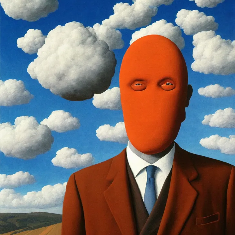 Prompt: portrait of a faceless sack - head man in a suit, clouds in the background, by rene magritte, detailed painting, distance, centered, hd, hq, high resolution, high detail, 4 k, 8 k