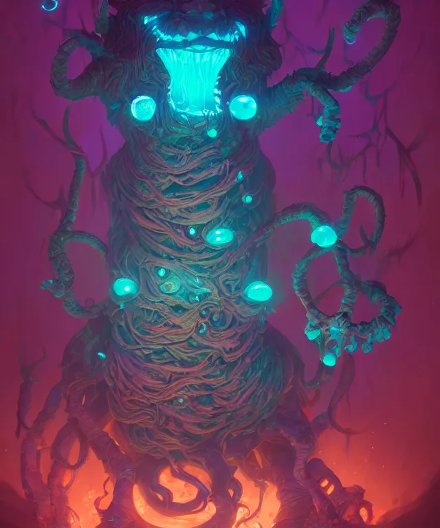 Image similar to a xanathar made of bioluminescence slimy skin, fantasy, elegant, crisp 8 k line art, digital painting, artstation, unreal engine, octane render, emissive lighting, concept art, matte, sharp focus, hyper realistic lighting, illustration, art by josan gonzalez