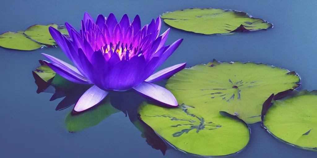 Image similar to hand holding water lily, studio shot, night dramatic lighting, blue, yellow and purple tones, wide camera angle, matte painting, trending on ArtStation, concept art, delightful surroundings, high detail, sharp contrast, ray tracing, picturesque artwork by Mike Winkelmann, artwork by Ridley Scott, 4K, 8K, super graphically realistic detailed, high definition, HDR