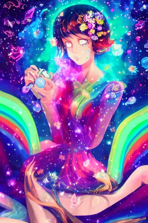 Prompt: psychedelic, whimsical, anime, 4k, beautiful intimate woman vaping with professional makeup, long trippy hair, a crystal and flower dress, sitting in a reflective pool, surrounded by gems, underneath the stars, rainbow fireflies, trending on patreon, deviantart, twitter, artstation, volumetric lighting, heavy contrast, art style of Ross Tran and Ilya Kuvshinov