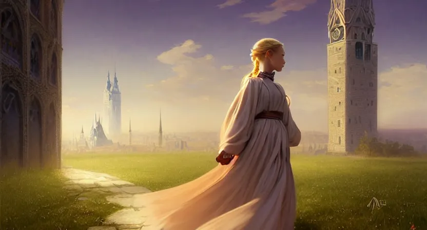 Prompt: tiny mage running away from a tower, blonde hair braided wearing ivory gothic robe, sky town, movie action still frame, ultra wide horizon, intricate, elegant, highly detailed, hyperrealism, digital painting, concept art, smooth, sharp, focus, illustration, art by artgerm, greg rutkowski, ilya kuvshinov, alphonse mucha