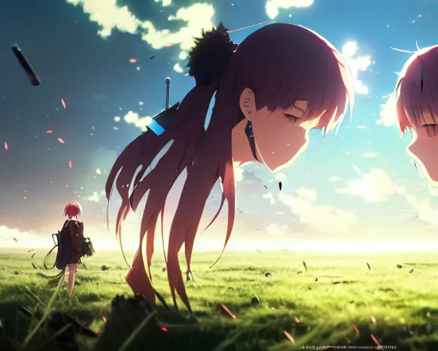 Image similar to the aftermath of a battle in a field anime key visual, official media, illustrated by wlop, extremely detailed, 8 k, trending on pixiv, cinematic lighting, beautiful