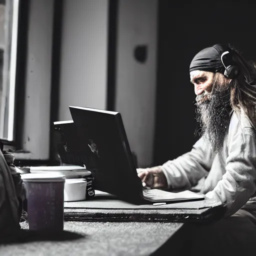 Image similar to homeless man with long beard and long hair sitting at his computer in an asylum, headphones on head, yorkshire terrier sitting beside him, film still 4 k 8 k