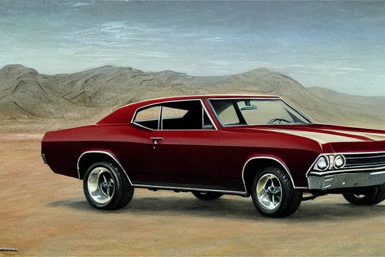 Prompt: intricate, 3 d, 1 9 6 7 chevelle, style by caspar david friedrich and wayne barlowe and ted nasmith.